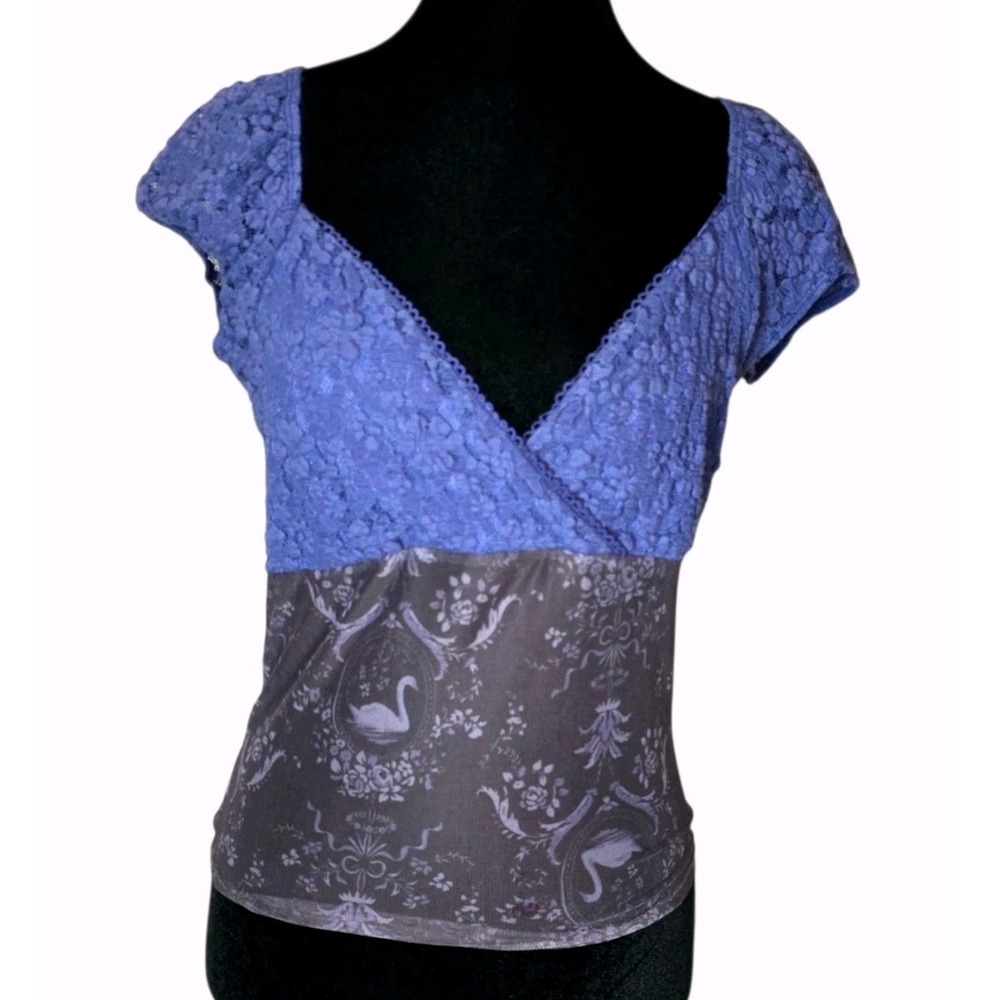 Y2K Lace Wrap Top Womens M Blue Purple Fairy Grunge Coquette Swan Print